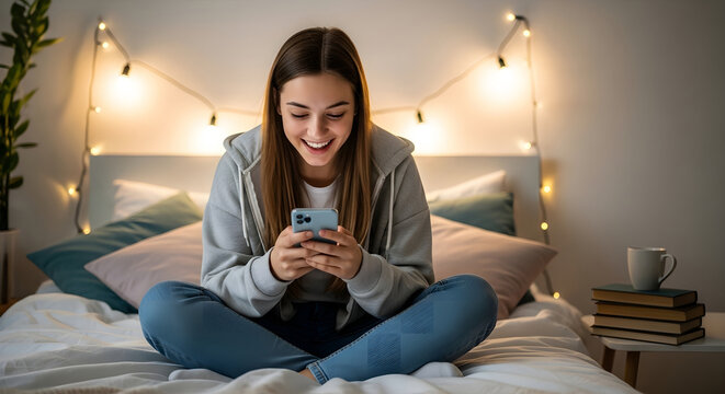 Teen Girl Using Smartphone in Bedroom


