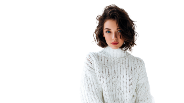 Portrait of a stylish woman in a cozy white sweater against a clear background.