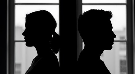 Silhouette of couple facing away from each other near window