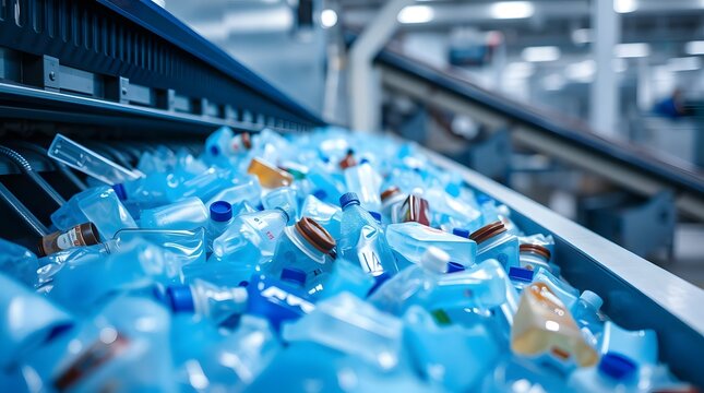 A recycling machine sorting plastic factory setting with moving conveyor belts