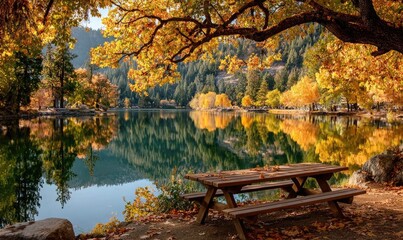 Autumn lake scene with golden trees, calm water reflection, and picnic table
