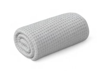 Soft grey waffle towel rolled up, isolated on transparent background, perfect for showcasing spa, bathroom, or wellness products