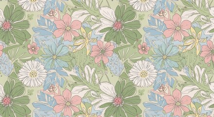 A charming seamless botanical pattern featuring hand-drawn pastel flowers and delicate leaves on a soft green background, perfect for decorative designs.