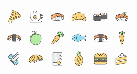 Vibrant flat design icons representing a variety of popular foods and drinks, perfect for menus and culinary themes.