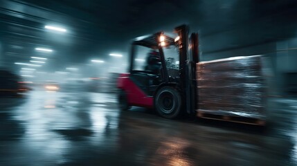 Forklift in motion within a dimly lit warehouse