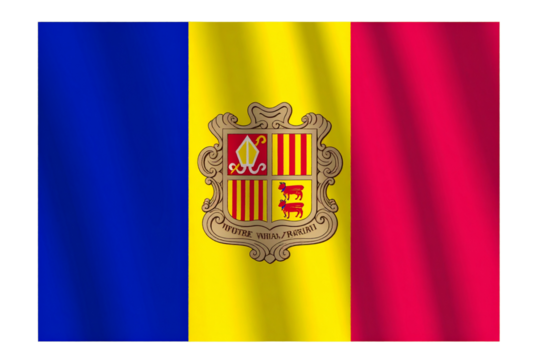 Andorra Flag with Coat of Arms, Waving on Transparent Background