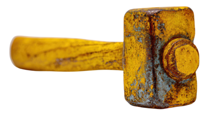 Rusty yellow hammer on a white isolate background, symbolizing tools and manual labor.