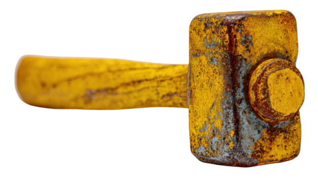 Rusty yellow hammer on a white isolate background, symbolizing tools and manual labor. - Powered by Adobe