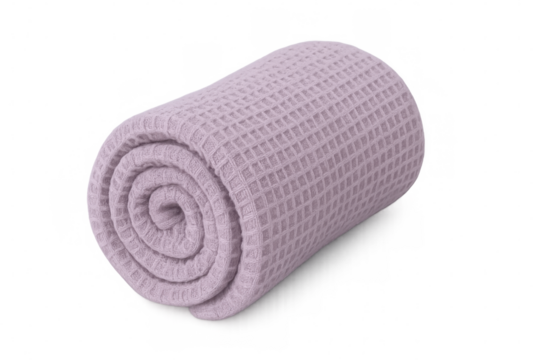 Soft purple waffle-textured blanket folding neatly, resting on transparent background, highlighting textile texture and warmth for graphic design applications