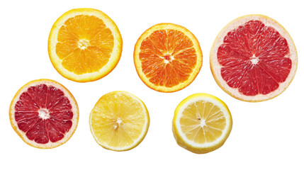 Sliced citrus fruits including lemon, orange, and grapefruit on a white isolated background.