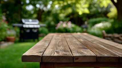 Fototapeta premium Rustic Wooden Table in Front of Backyard Grass and Trees with Charcoal Gas BBQ Grill in Distance, Ideal for Summer Party and Outdoor Cooking Themes, outdoor barbecue background, picnic table mockup, 