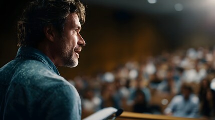 Obraz premium A professor presenting to a crowded university lecture hall long title A professor speaking to a large audience in a well lit university lecture