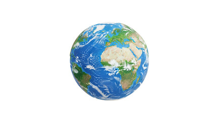 Fototapeta premium Vibrant earth model showcasing continents, oceans and cloud formations against stark white backdrop highlighting planetary science