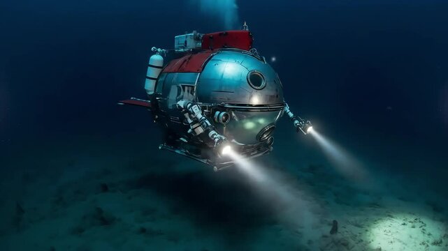 A submersible explores the deep ocean floor with powerful lights illuminating the seabed