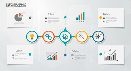 Colorful infographic template with business icons and data charts illustrating business process, marketing strategies, and data analysis for presentations.