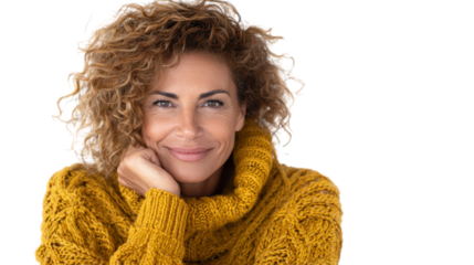 Smiling woman with curly hair wearing a cozy yellow sweater, posing with her hand on her chin, on a white background.
