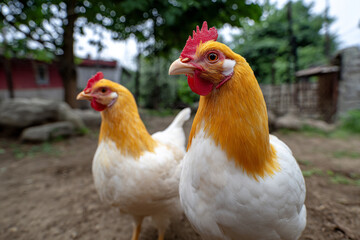 Fototapeta premium Two Yellow and White Chicken in Yard Portrait Close Up
