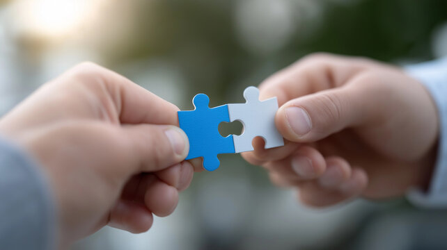 Symbolic Image of Collaboration and Inclusivity with Diverse Group Holding Interlocking Puzzle Pieces in Modern Workplace Environment, teamwork unity concept, corporate collaboration symbol, puzzle