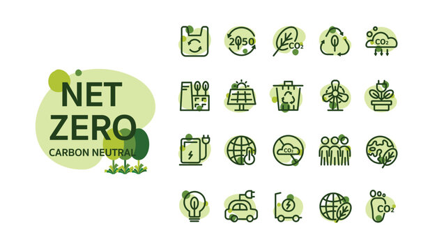 Net zero and carbon neutral concept. Net zero greenhouse gas emissions target. Climate neutral long term strategy with green net zero icons. Environment web banner with green icon line isolated.