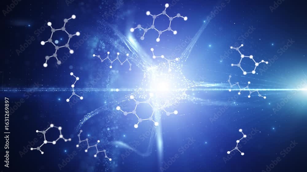 Poster concept artistic chemical molecule bonds with nerve cell on futuristic glowing digital loop cyberspa