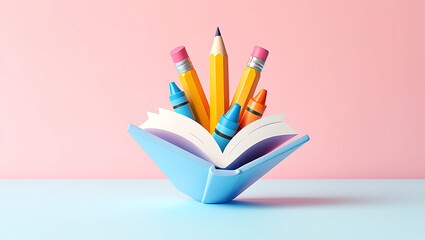 Fototapeta premium 3d school supply drive pencils and crayons in an open book