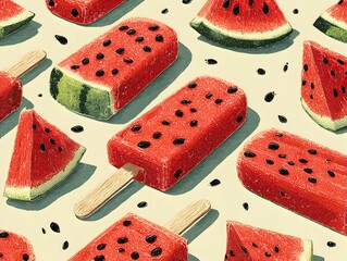 Watermelon slices and popsicles with seeds create a refreshing summer pattern on a bright colored background.