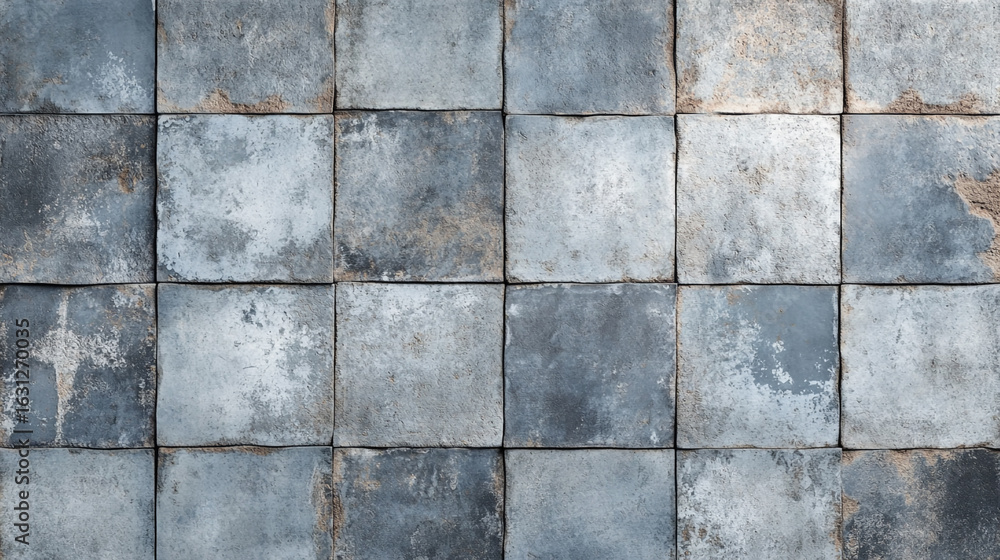 Poster weathered square tiles arranged in a grid pattern showing various shades of blue gray and hints of b