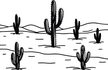 "Cactus Field in Desert &mdash; Hand Drawn Line Art Illustration"