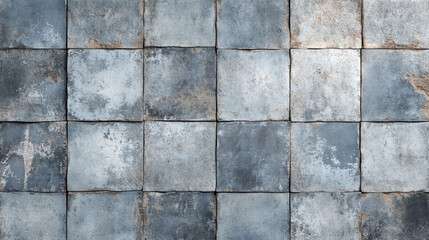 Obraz premium Weathered square tiles arranged in a grid pattern showing various shades of blue gray and hints of beige