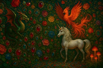 Fantasy Scene with Dragon Unicorn and Phoenix in Vibrant Floral Background