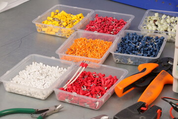 Electrical Installation Tools and Materials for Electrical Switchboard Assembly. Close-up. Soft focus. 