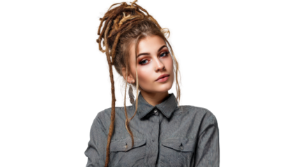 Stylish young woman with long dreadlocks dressed in a gray shirt, posing confidently with a serious expression.