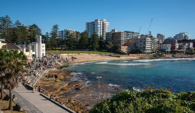 View of Cronulla beach from the esplanade on a sunny morning