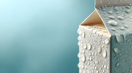 Fototapeta premium close-up shot of a carton covered in water drops, with a blurred turquoise background, the image create freshness 