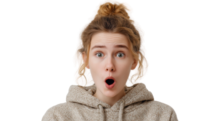 Surprised young woman with open mouth and wide eyes expressing shock, white isolated background.