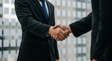businessman shaking hands. close-up handshake between two businessmen in formal suits outdoors, symbolizing business agreement and partnership.