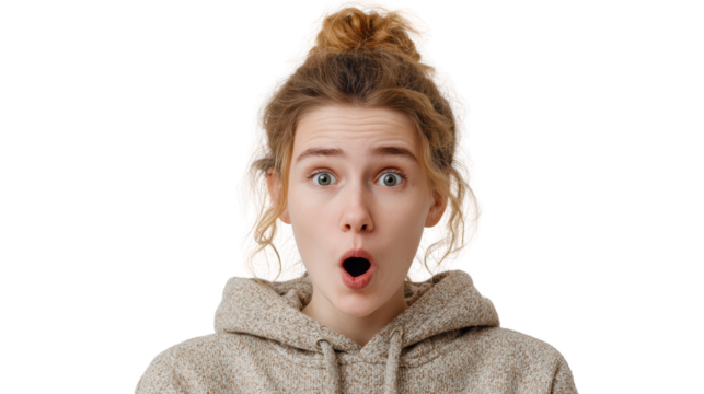 Surprised young woman with open mouth and wide eyes expressing shock, white isolated background.