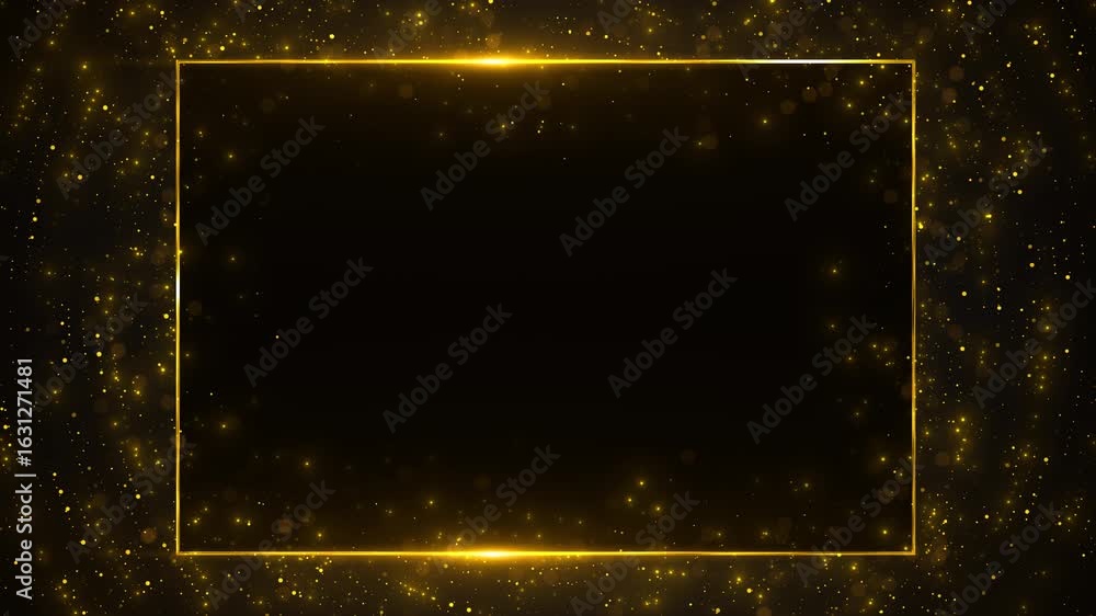 Poster glowing golden rectangle frame sparkling particles, shimmering dark backdrop. glitter effect creates
