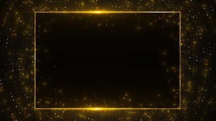 Glowing golden rectangle frame sparkling particles, shimmering dark backdrop. glitter effect creates festive, luxurious for celebration, award ceremony, party invitation, glamorous presentation scene.