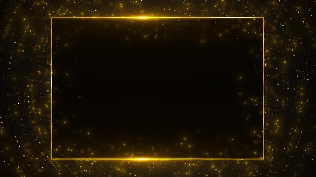 Glowing golden rectangle frame sparkling particles, shimmering dark backdrop. glitter effect creates festive, luxurious for celebration, award ceremony, party invitation, glamorous presentation scene.