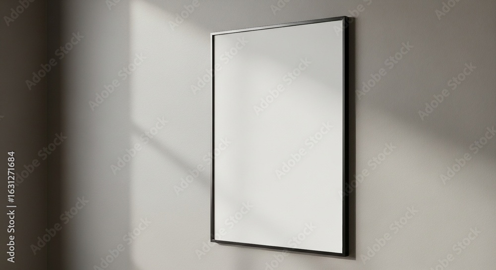 Poster a blank poster frame with a black border hangs on a light grey wall with shadows, perfect for showca