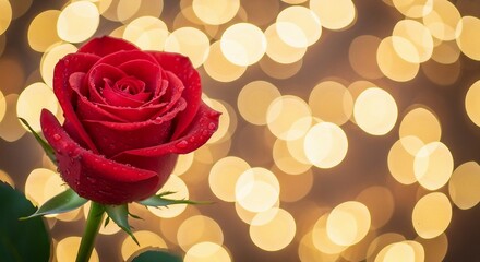 A vibrant red rose with water droplets stands in front of a warm bokeh background, perfect for romantic, floral, and Valentine's Day themes.