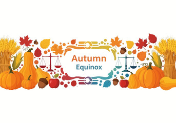 Celebrate the Autumn Equinox with vibrant pumpkins, leaves, scales, and harvest elements, perfect for seasonal designs and fall promotions