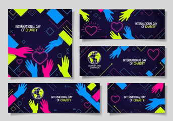 Bright, vibrant designs celebrate International Day of Charity, showcasing hands reaching for a heart, promoting giving and global support.