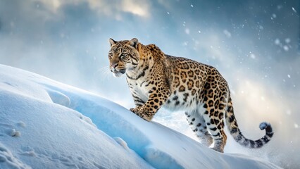 Obraz premium Majestic snow leopard gracefully ascends a pristine, snow-covered slope, its spotted coat a striking contrast against the winter wonderland.