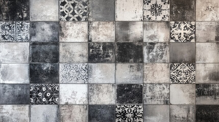 Fototapeta na wymiar Black and white patterned tile wall monochrome square design home decor