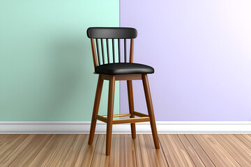 Classic Bar Stool in the Room: A modern bar stool crafted from wood and adorned with a dark leather seat, is positioned against a two-tone wall, embodying the charm of a classic furniture piece. 