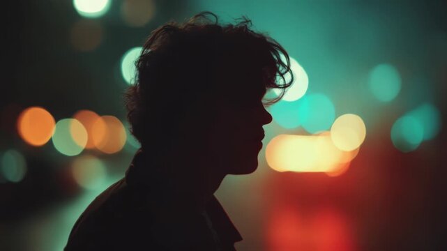 Contemplative man silhouette against a blurred city backdrop at night evokes mood