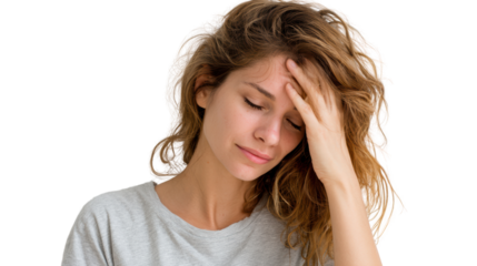 Woman with curly hair holding her head, expressing stress and frustration, isolated on white background.