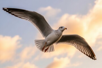 Fototapeta premium Majestic seagull soars gracefully through a soft, golden sunset sky, wings spread wide in freedom and natural beauty.